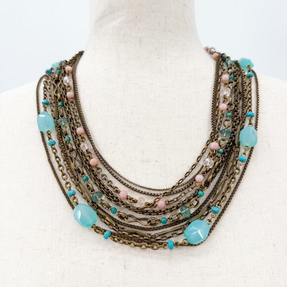 Stephen Dweck multi-12 strand pink & blue Beaded Statement Necklace bronze metal - Picture 1 of 11